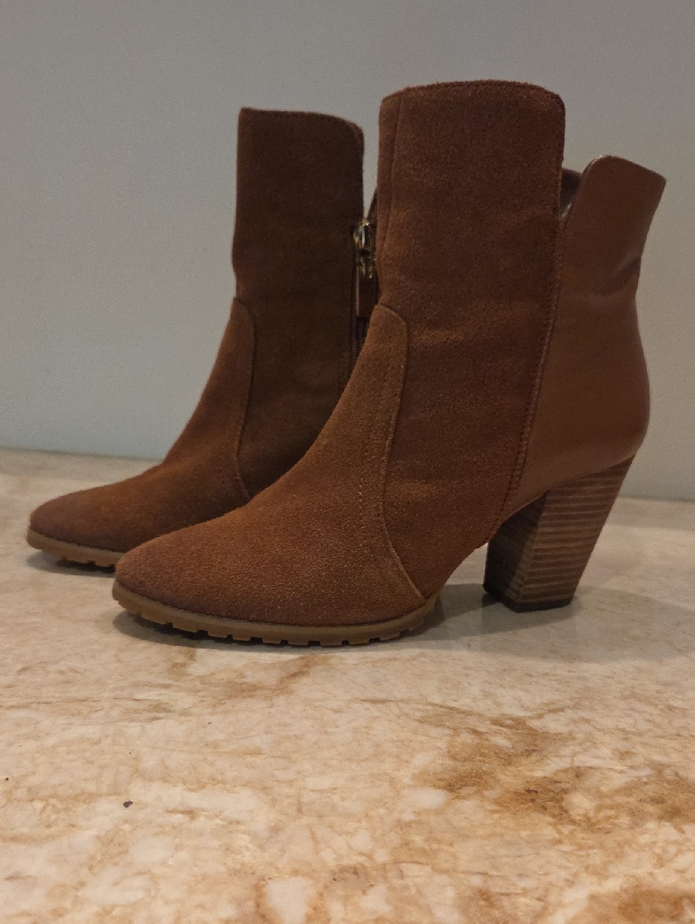 Tahari Cognac Suede Western Ankle Boots with Stacked Heel